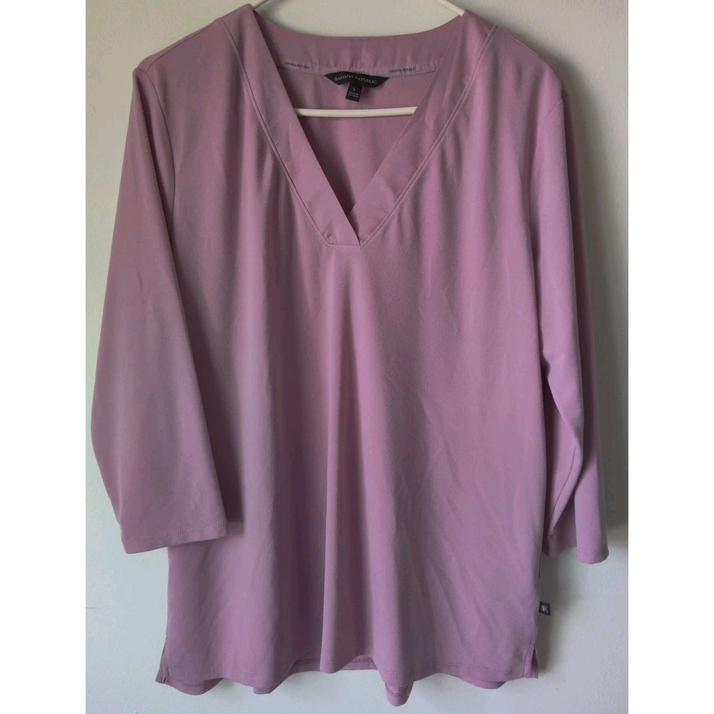 Banana Republic Women's Pink 3/4 Sleeve Contrast‎ V-Neck Blouse 100% Poly Size L